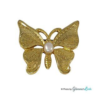 Vintage SFJ Gold Tone Faux Pearl Butterfly Brooch